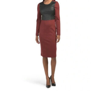 New BCBGMAXAZRIA dress Mixed Media burgandy vegan faux leather colorblock